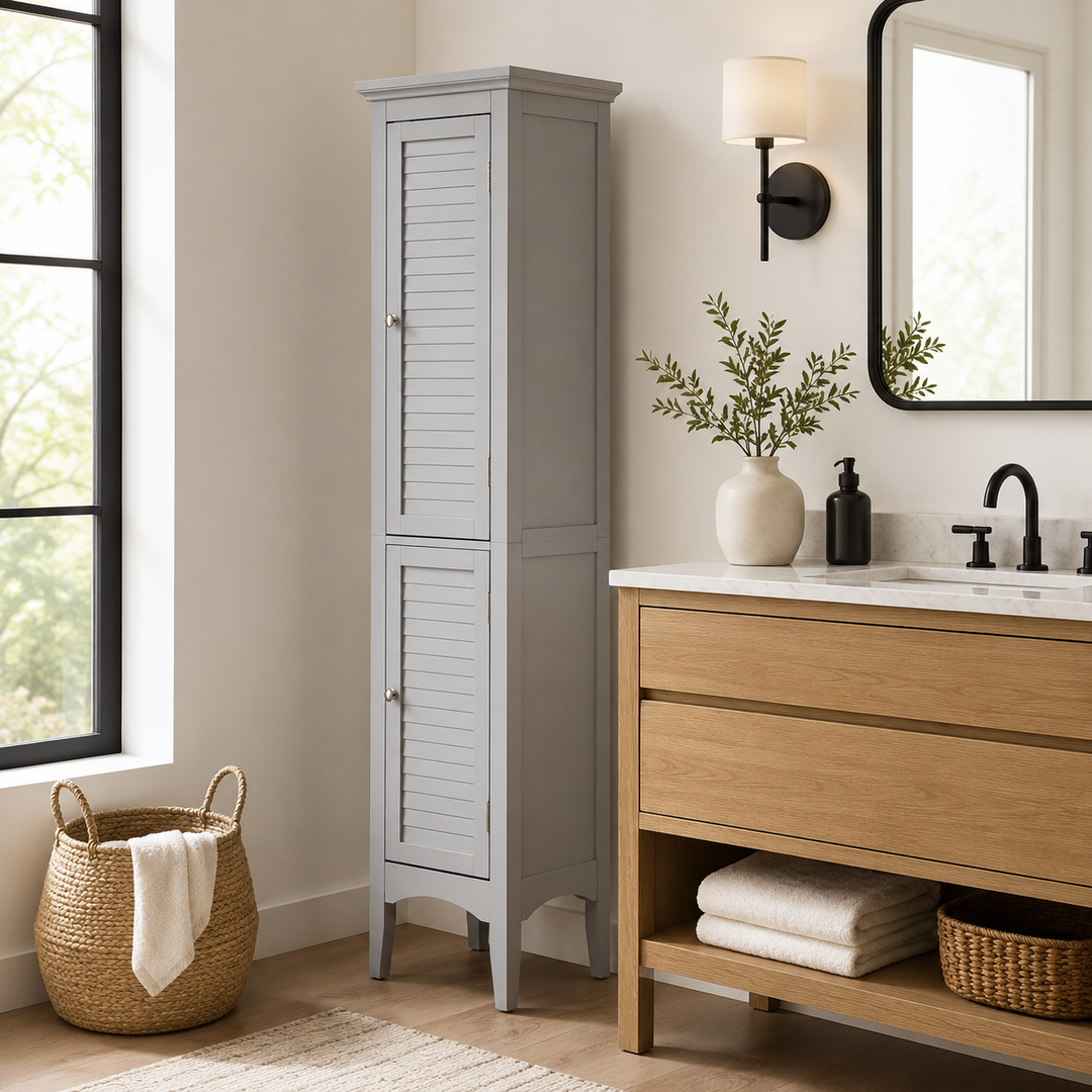 Teamson Home Glancy Wooden Bathroom Storage, Tall Narrow Freestanding Floor Cabinet with Louvered Doors, Interior Shelves, Anti-Tip Kit, for Bathroom, Living Room, Hallway, Gray