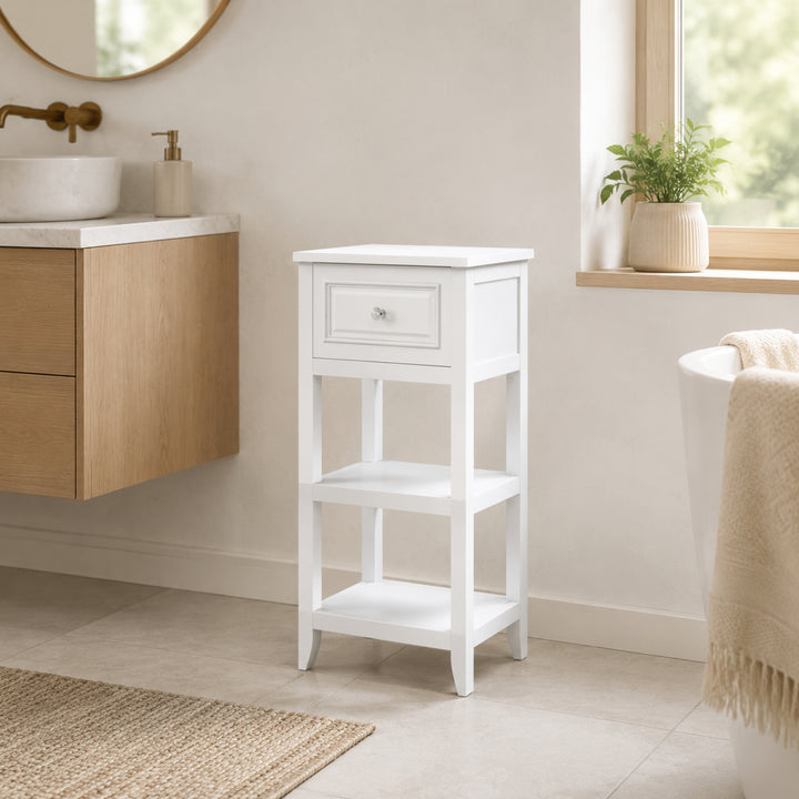 Teamson Home Dawson Freestanding Bathroom Floor Cabinet with Drawer and 2 Open Shelves, Cross Molding, White Engineered Wood, Compact Space Saving Storage Cabinet for Bathroom, Bedroom, and Hallways