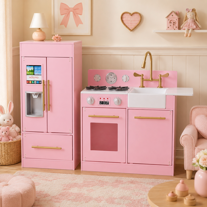 Teamson Kids Little Chef Charlotte Modular Play Kitchen Set with Realistic Stove, Sink, and Refrigerator, Kids Kitchen Playset for Toddlers Ages 3–7, Toy Cooking Set, Pink/Gold