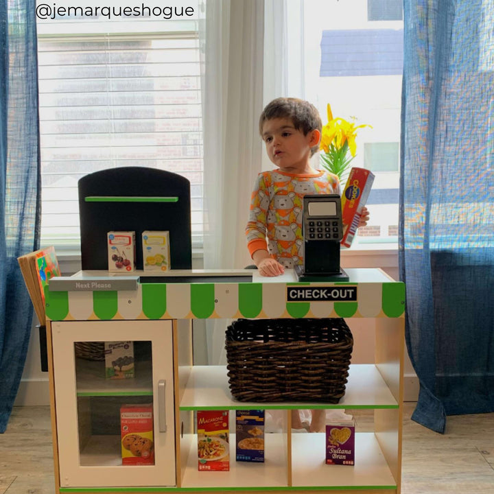 Teamson Kids Cashier Austin Interactive Play Checkout Counter Stand with 26 Accessories, Green/White/Natural Wood