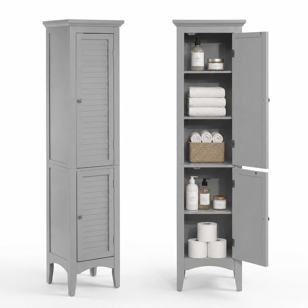 Teamson Home Glancy Wooden Bathroom Storage, Tall Narrow Freestanding Floor Cabinet with Louvered Doors, Interior Shelves, Anti-Tip Kit, for Bathroom, Living Room, Hallway, Gray