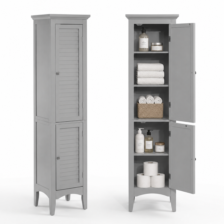 Teamson Home Glancy Wooden Bathroom Storage, Tall Narrow Freestanding Floor Cabinet with Louvered Doors, Interior Shelves, Anti-Tip Kit, for Bathroom, Living Room, Hallway, Gray