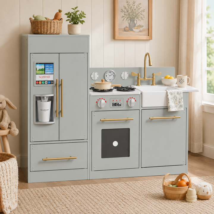 Teamson Kids Little Chef Charlotte Modular Play Kitchen Set with Realistic Stove, Sink, and Refrigerator, Kids Kitchen Playset for Toddlers Ages 3–7, Toy Cooking Set, Gray/Gold
