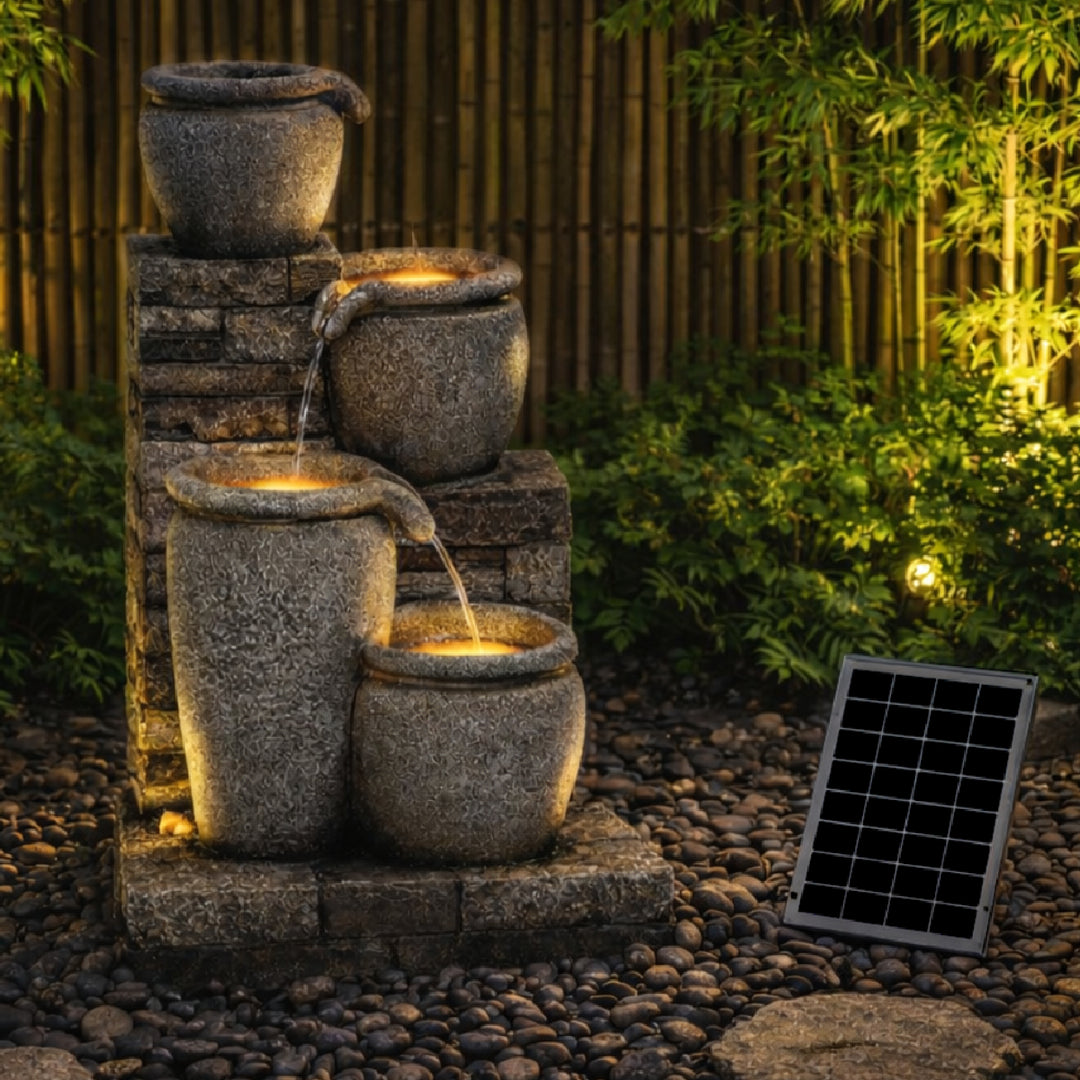 Teamson Home 30.7" 4-Tier Outdoor Solar Water Fountain with LED Lights, Gray