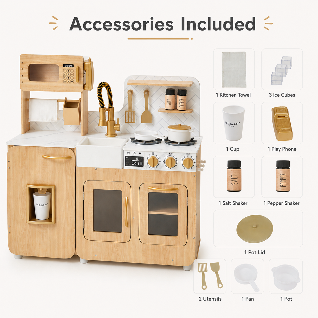 Teamson Kids Little Chef Cyprus Play Kitchen Set for Toddlers with 14 Accessories, Wooden Toy Cooking Playset for Kids Ages 1-8, Montessori Cooking Station, Light Oak/White Pretend Kitchen