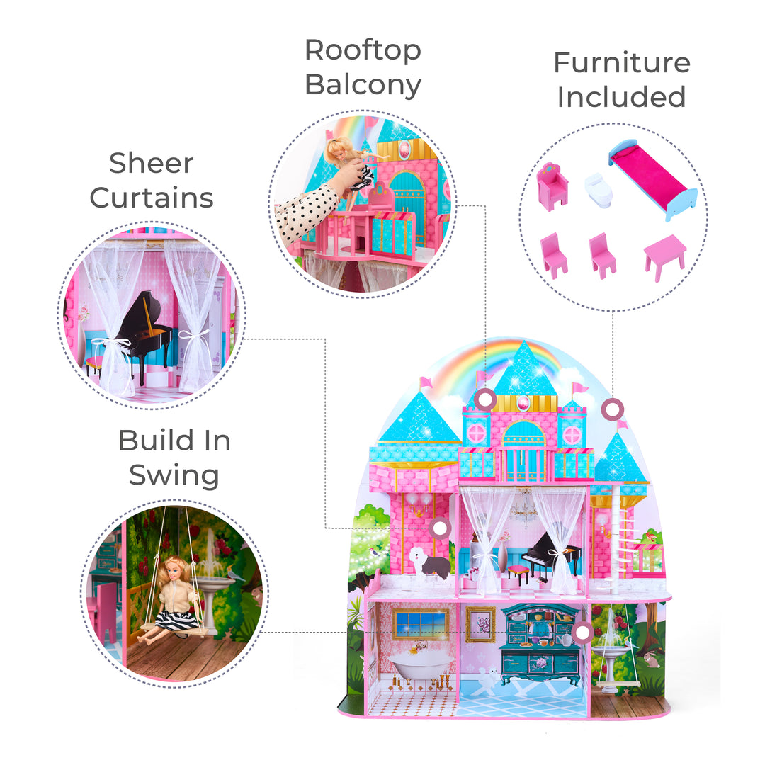 Dollhouse is shown highlighting it's features: built in swing, sheer curtains, rooftop balcony, and furniture.