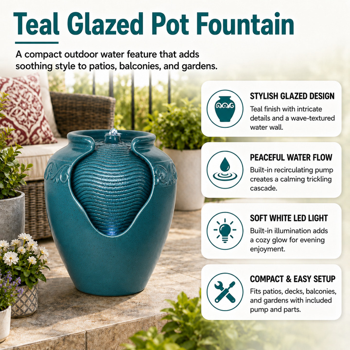 Teamson Home Outdoor Glazed Pot Floor Fountain with LED Light, Teal
