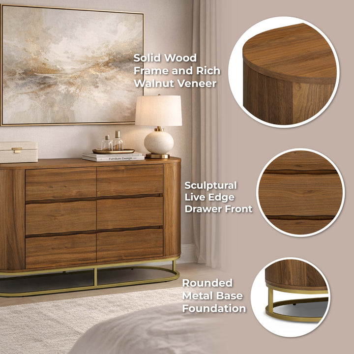 Seneca 55” W Walnut Veneer 6-Drawer Dresser Storage with Metal Base by Teamson Home