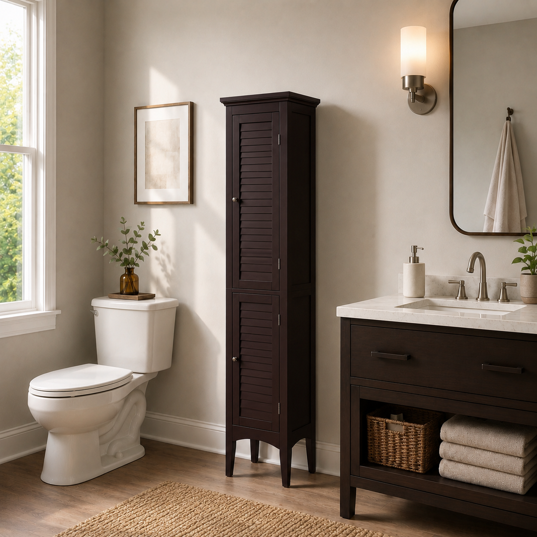 Teamson Home Glancy Wooden Bathroom Storage, Tall Narrow Freestanding Floor Cabinet with Louvered Doors, Interior Shelves, Anti-Tip Kit, for Bathroom, Living Room, Hallway, Espresso / Dark Brown