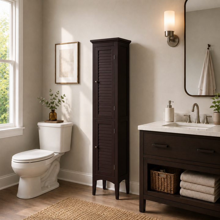 Teamson Home Glancy Wooden Bathroom Storage, Tall Narrow Freestanding Floor Cabinet with Louvered Doors, Interior Shelves, Anti-Tip Kit, for Bathroom, Living Room, Hallway, Espresso / Dark Brown
