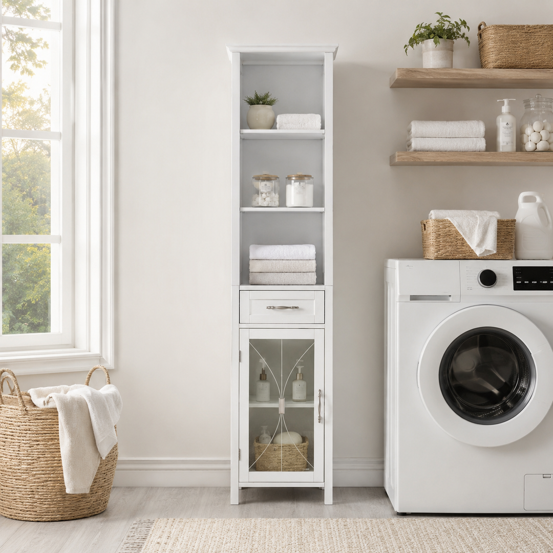Teamson Home Delaney Multifunctional Freestanding Linen Tower with Single Drawer, White