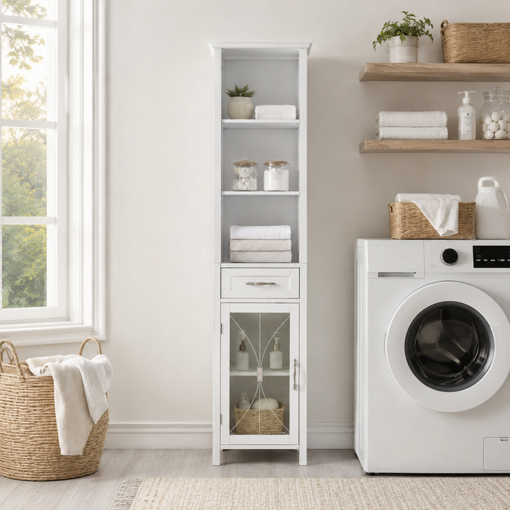 Teamson Home Delaney Multifunctional Freestanding Linen Tower with Single Drawer, White