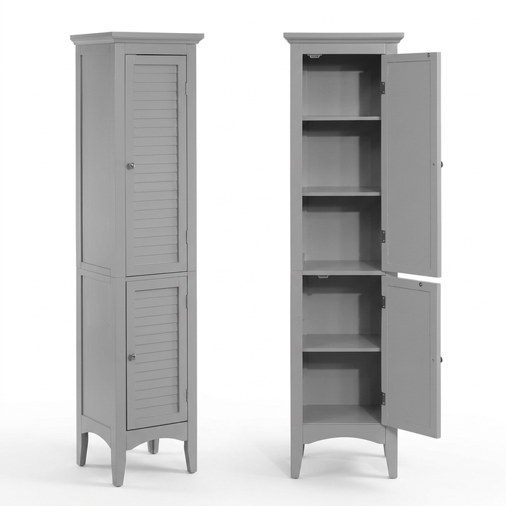 Teamson Home Glancy Wooden Bathroom Storage, Tall Narrow Freestanding Floor Cabinet with Louvered Doors, Interior Shelves, Anti-Tip Kit, for Bathroom, Living Room, Hallway, Gray