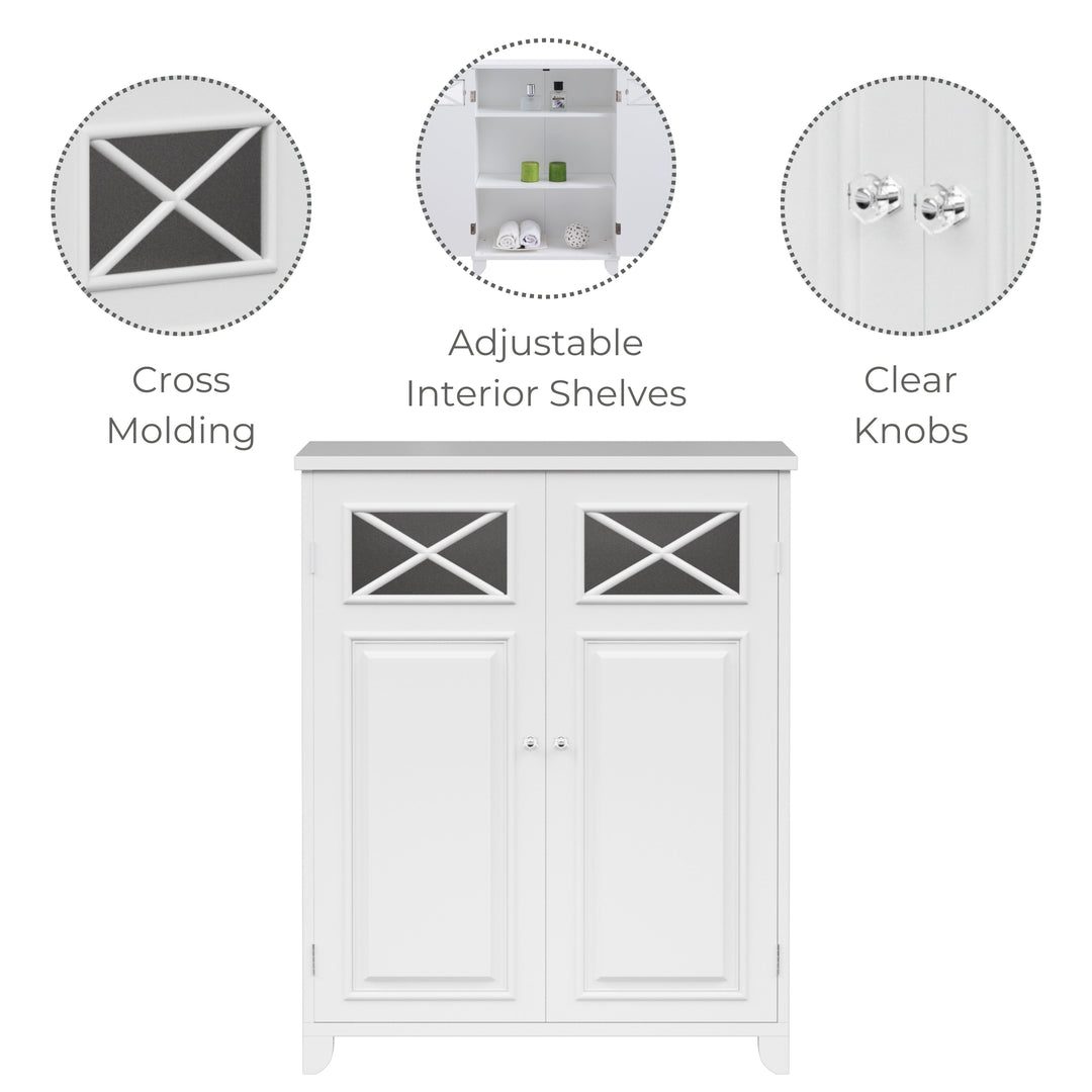 White cabinet with cross molding on doors, adjustable interior shelves, and clear knobs is displayed.