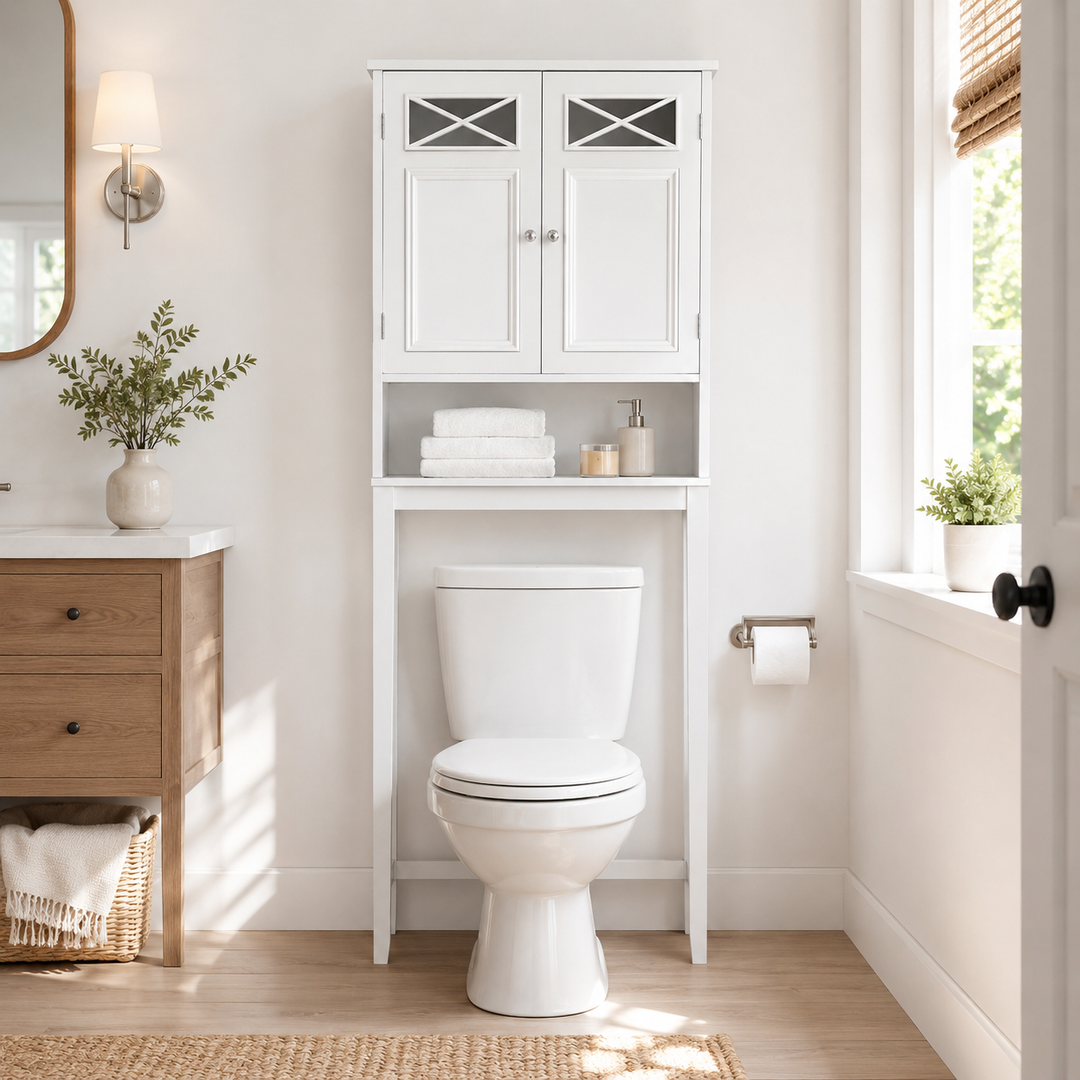 Teamson Home Dawson Two-Door Over-the-Toilet Cabinet with Decorative Glass Panels, White