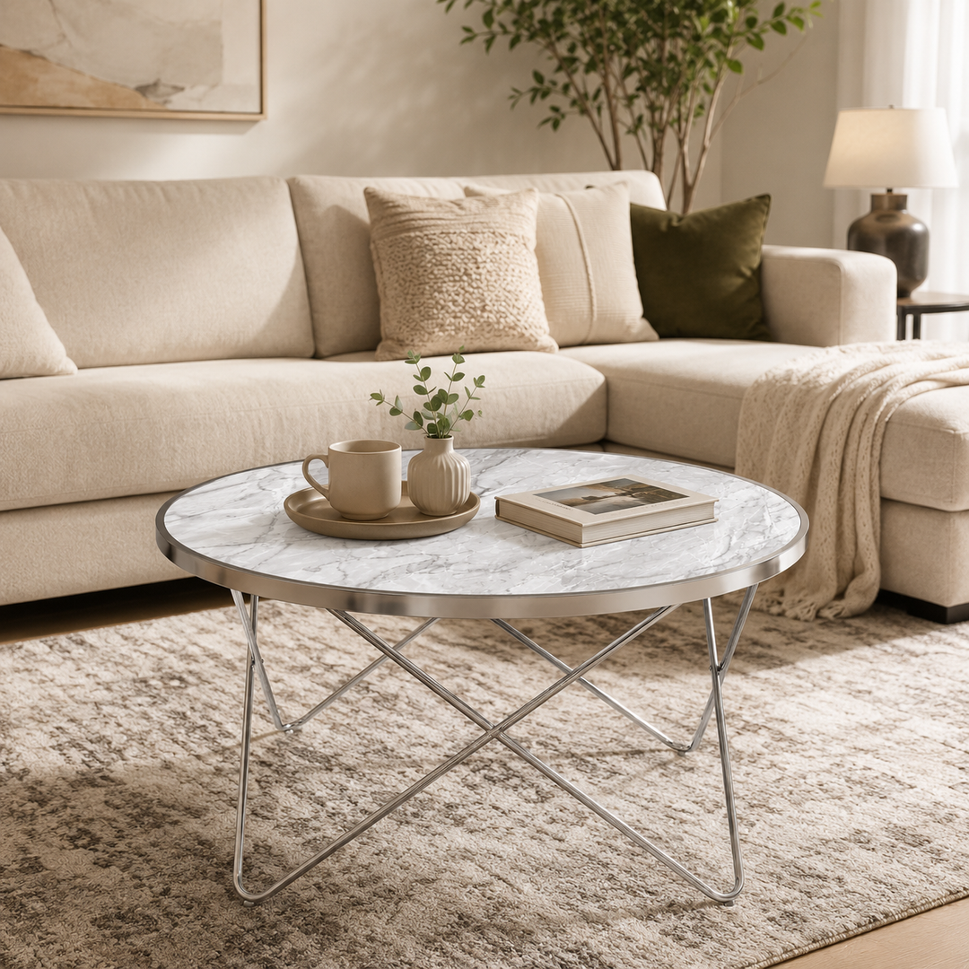 Teamson Home Margo Small Round Faux White Carrara Marble Coffee Table, White