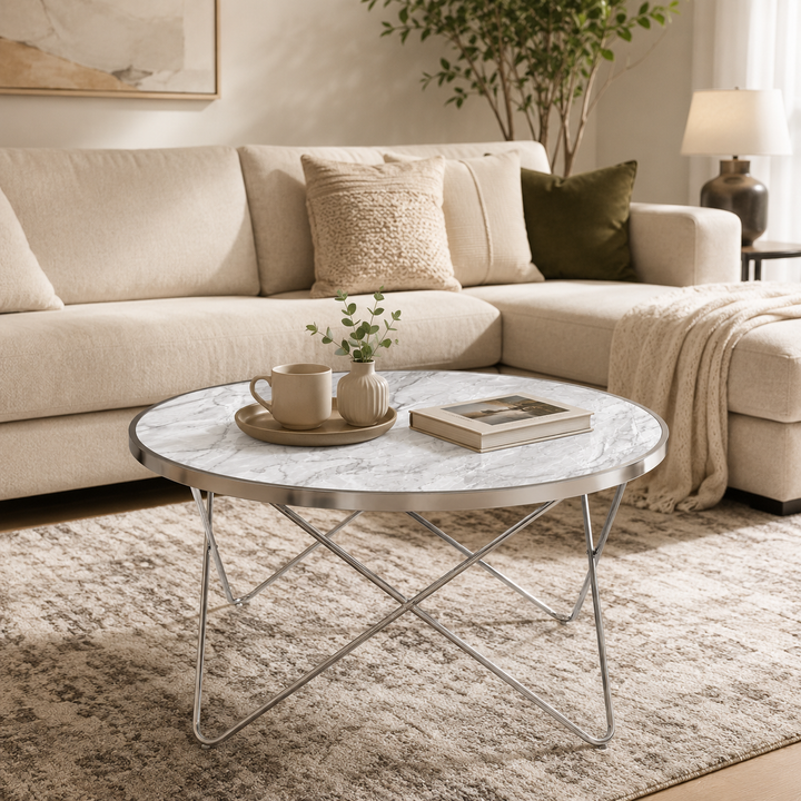 Teamson Home Margo Small Round Faux White Carrara Marble Coffee Table, White
