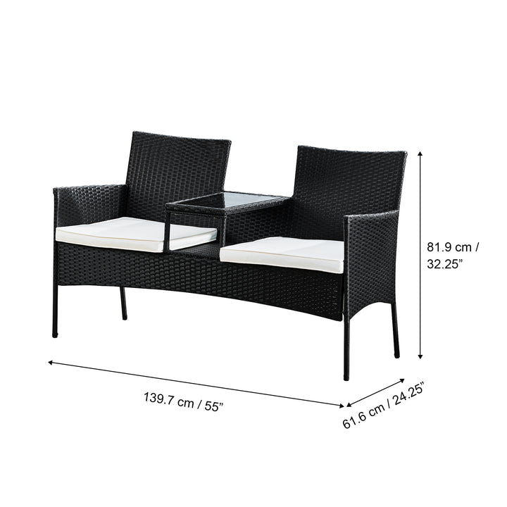 Teamson Outdoor Wicker Loveseat, 2 Seats, Built-In Glass Table, Washable Cushions, Black Rattan, UV-Resistant Steel Frame, Lower Shelf, Compact Patio Seating for Gardens, Porches, Decks & Patios