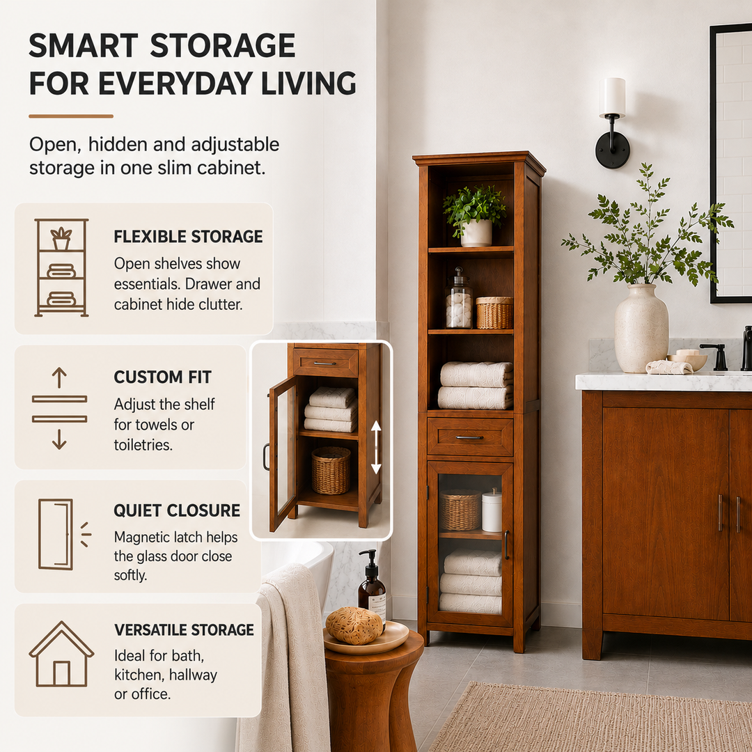 Teamson Home Avery 65-Inch Tall Freestanding Linen Tower with Open Shelves, Storage Drawer, Tempered Glass Door, Adjustable Shelf, Crown-Molded Top, Antique Brass Handles and Oiled Oak Veneer Finish