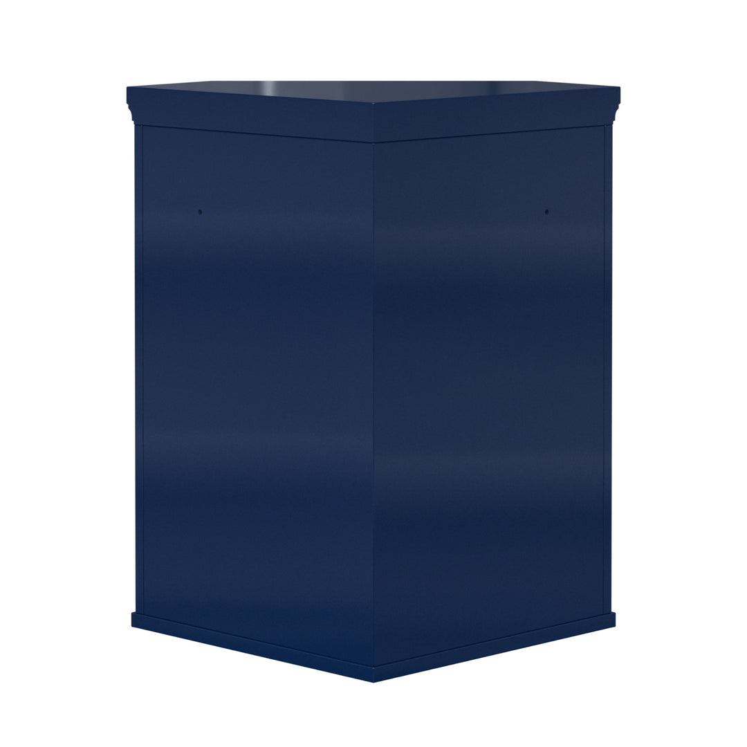 Back side of a navy blue floor cabinet.