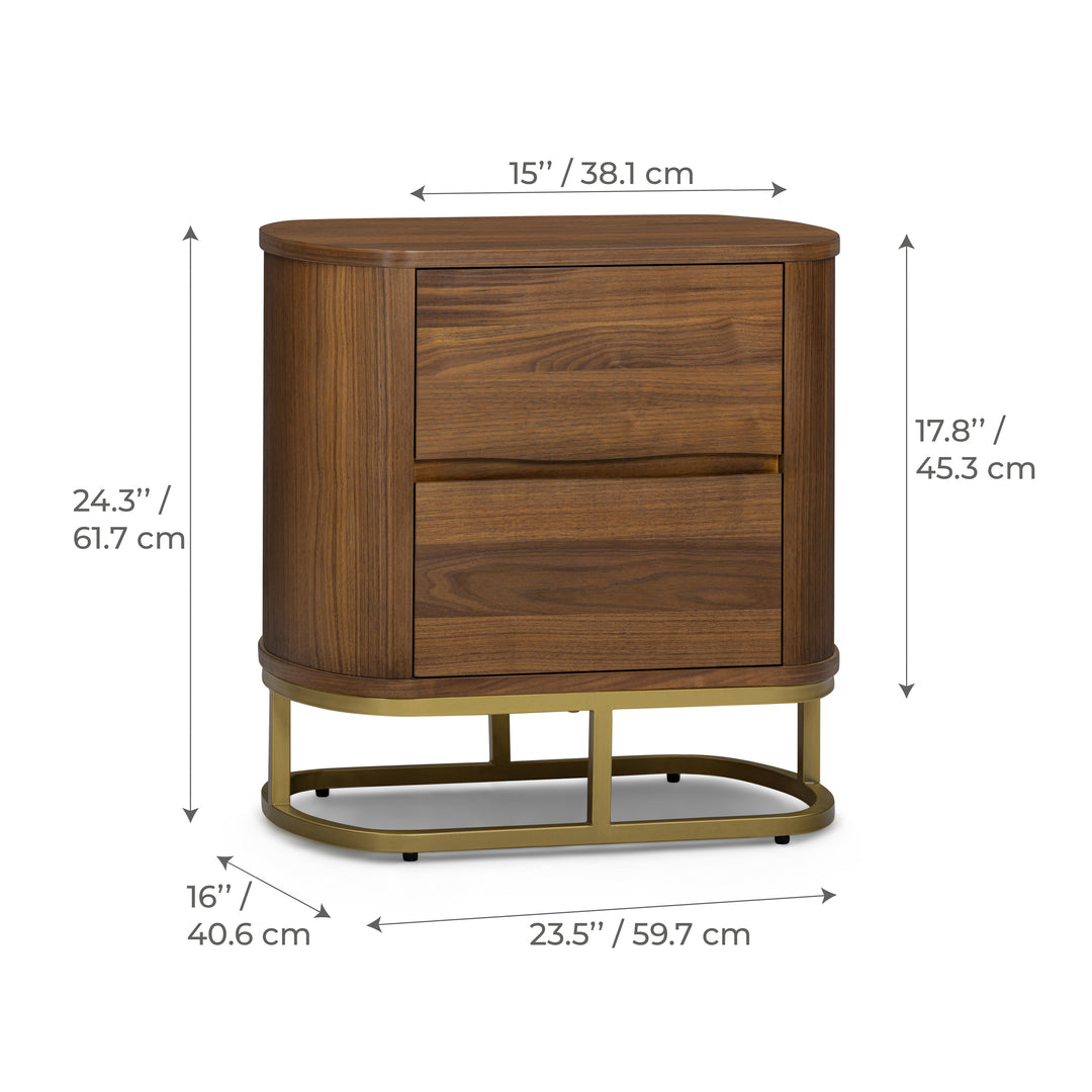 Seneca 23.5” W Walnut Veneer 2-Drawer Nightstand Bedside Storage with Metal Base by Teamson Home