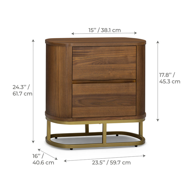 Seneca 23.5” W Walnut Veneer 2-Drawer Nightstand Bedside Storage with Metal Base by Teamson Home