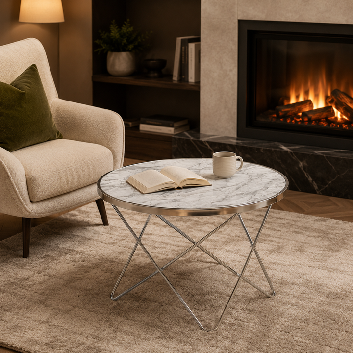 Teamson Home Margo Small Round Faux White Carrara Marble Coffee Table, White