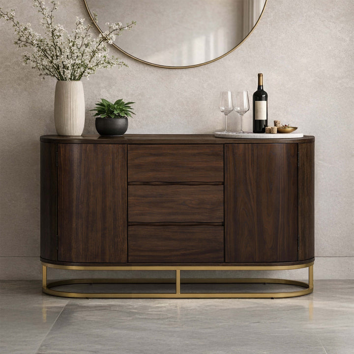 Seneca 55” W Walnut Veneer Sideboard with Spacious Storage and Brass Gold Metal Base by Teamson Home