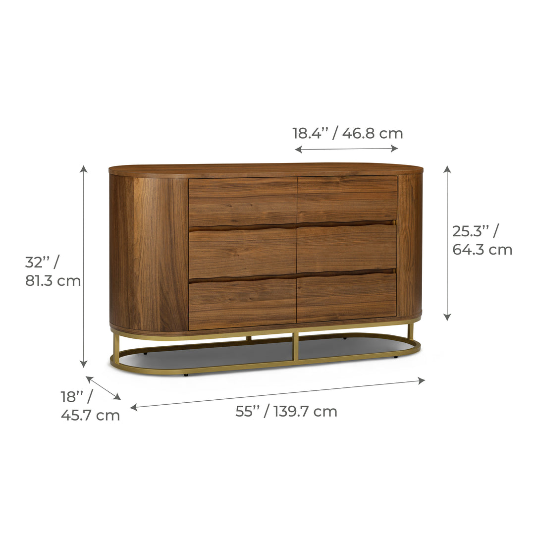 Seneca 55” W Walnut Veneer 6-Drawer Dresser Storage with Metal Base by Teamson Home