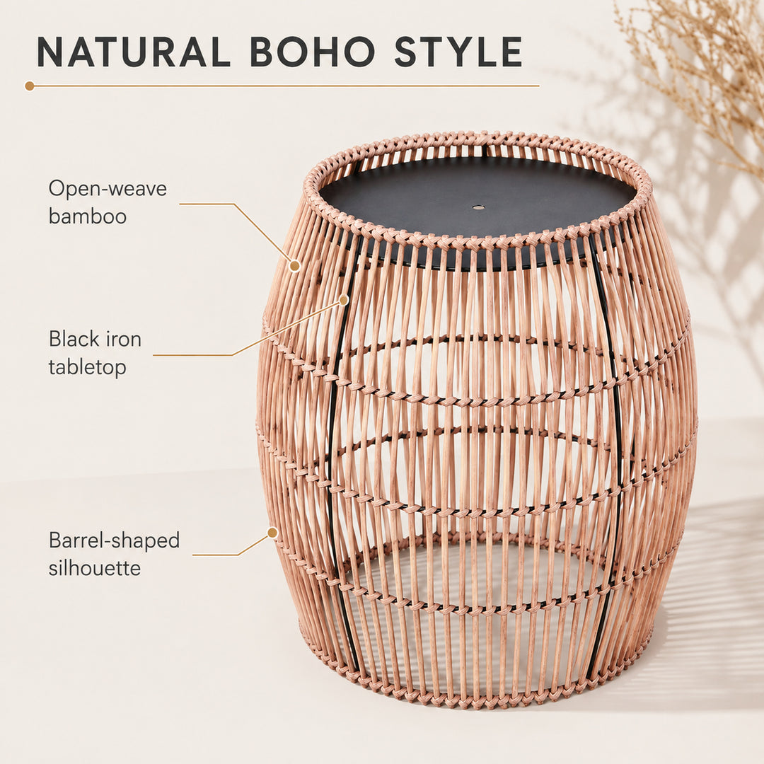 Teamson Bamboo Outdoor Side Table with Black Iron Frame, Round Boho Accent End Table, Weather-Resistant Design for Patio, Balcony, Garden, Porch & Indoor Living Spaces