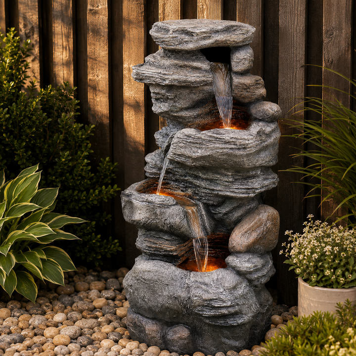 Teamson Home 39.37-Inch Tall Outdoor Water Fountain, 4-Tier Faux Stacked Stone Waterfall with 3 Warm LED Lights, Adjustable 600 L/H Pump, 6.6-Gallon Capacity, Weatherproof Polyresin, Gray