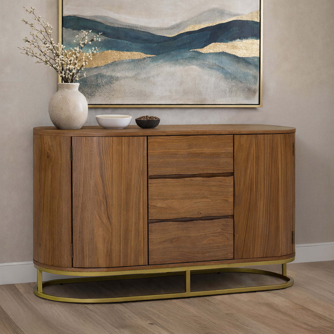 Seneca 55” W Walnut Veneer Sideboard with Spacious Storage and Brass Gold Metal Base by Teamson Home