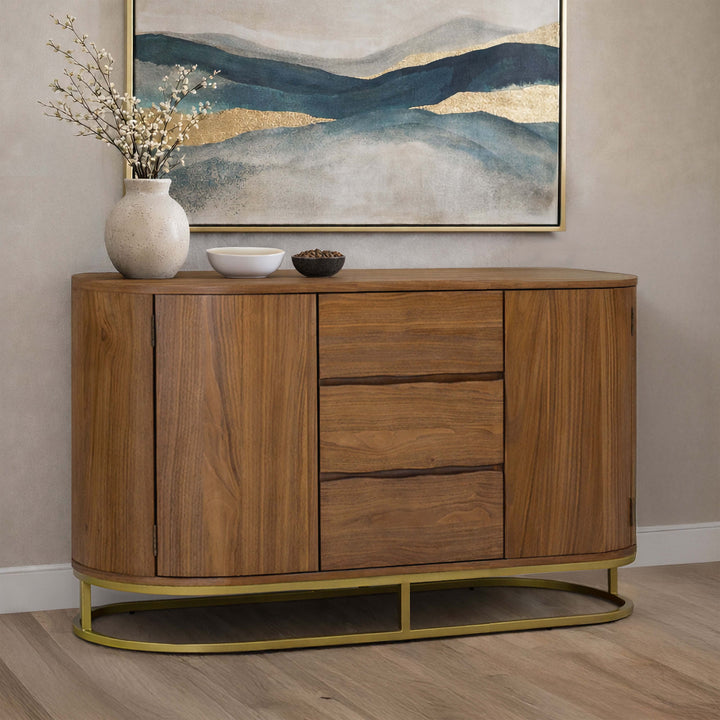 Seneca 55” W Walnut Veneer Sideboard with Spacious Storage and Brass Gold Metal Base by Teamson Home