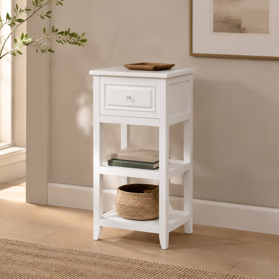 Teamson Home Dawson Freestanding Bathroom Floor Cabinet with Drawer and 2 Open Shelves, Cross Molding, White Engineered Wood, Compact Space Saving Storage Cabinet for Bathroom, Bedroom, and Hallways