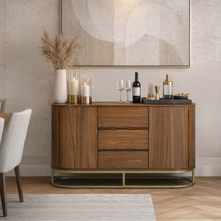 Seneca 55” W Walnut Veneer Sideboard with Spacious Storage and Brass Gold Metal Base by Teamson Home