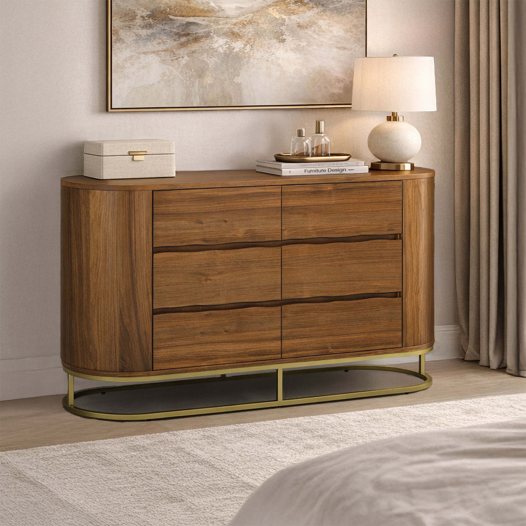 Seneca 55” W Walnut Veneer 6-Drawer Dresser Storage with Metal Base by Teamson Home