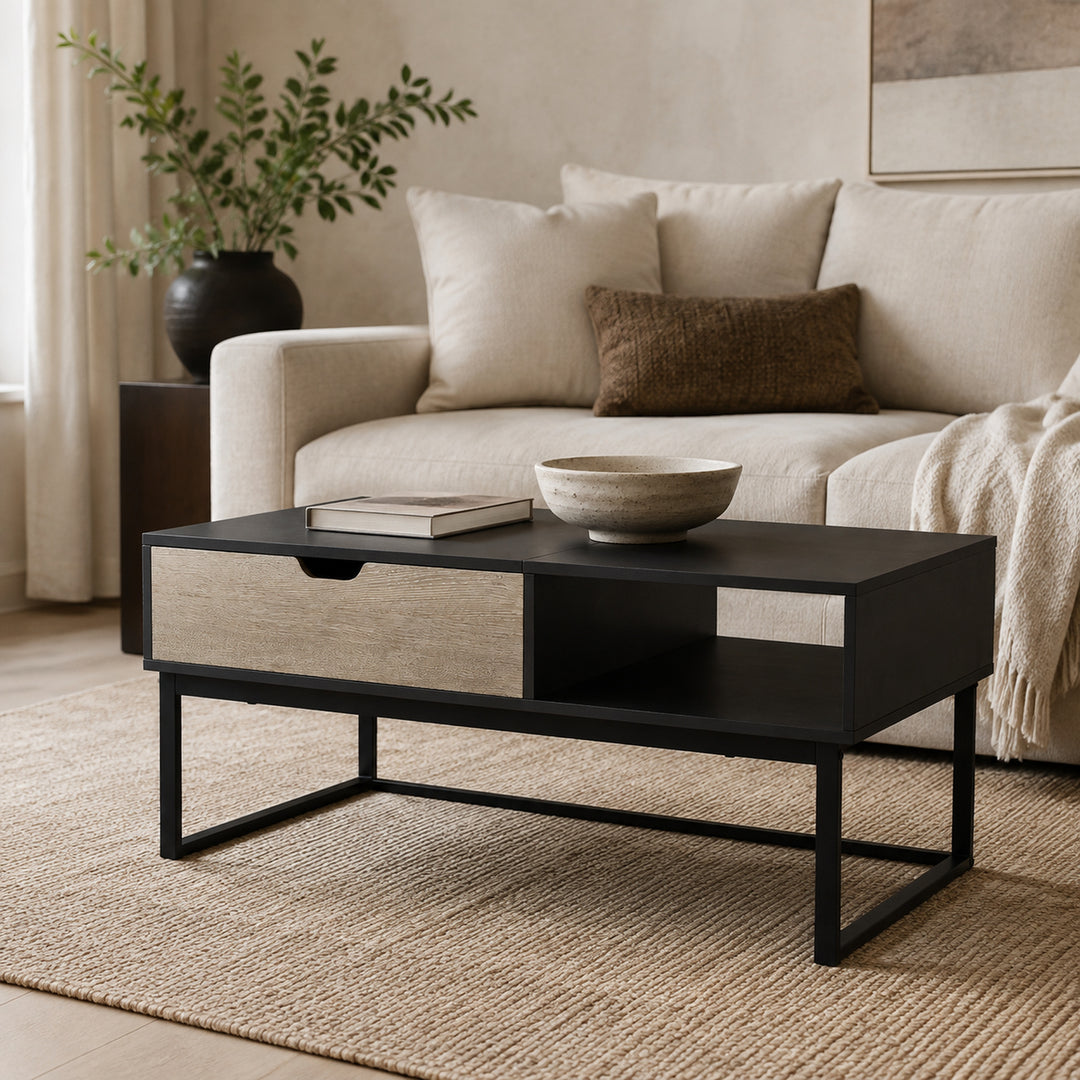 Teamson Lift Top Coffee Table with Hidden Storage Compartment, Wood Grain Finish, Sturdy Metal Frame, Farmhouse Cocktail Table for Living Room, Home Office & Small Spaces