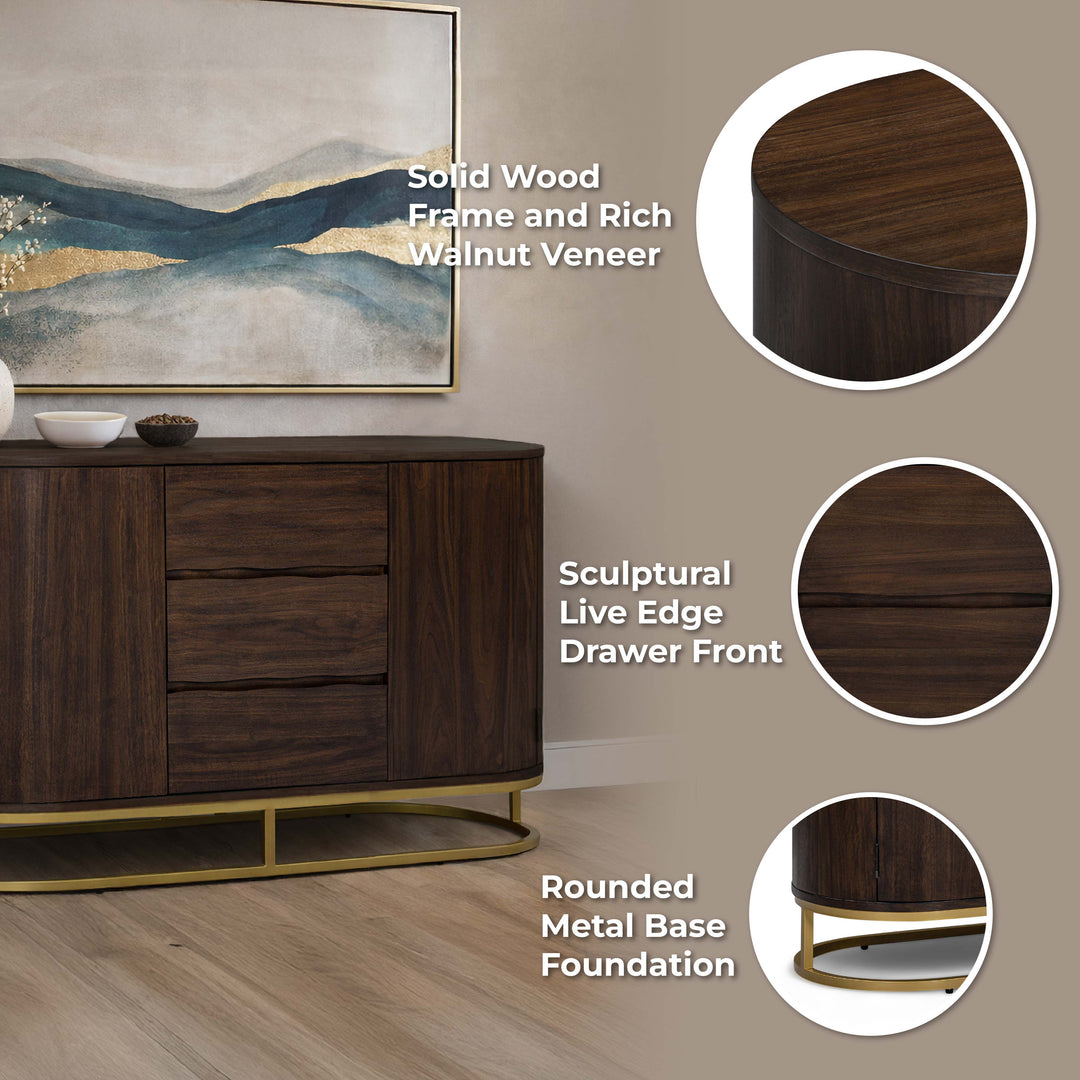 Seneca 55” W Walnut Veneer Sideboard with Spacious Storage and Brass Gold Metal Base by Teamson Home