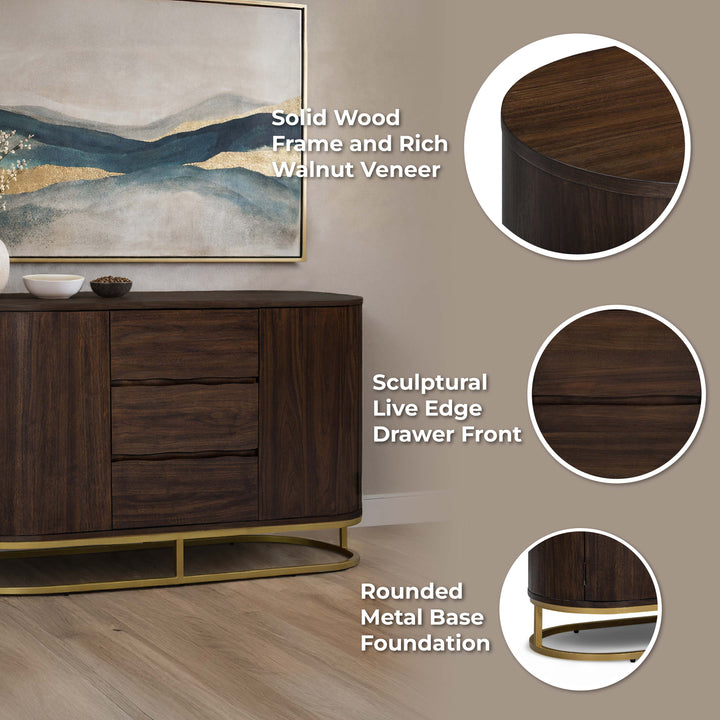 Seneca 55” W Walnut Veneer Sideboard with Spacious Storage and Brass Gold Metal Base by Teamson Home