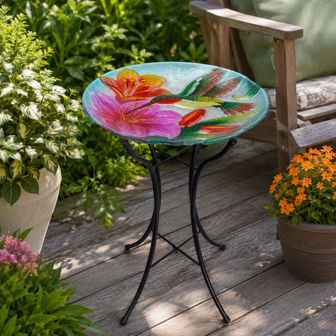 Teamson Home Outdoor Glass Bird Bath with Handpainted Hummingbird and Flower Design, Foldable Metal Stand, Bath or Feeder Use, 18-Inch, Multicolor, Freestanding Garden Accent for Patio, Yard and Lawn