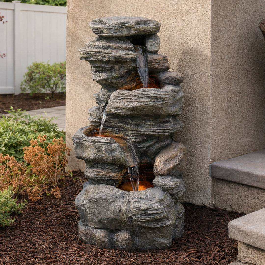 Teamson Home 39.37" Outdoor Faux Stone 4-Tier Water Fountain with LED, Gray