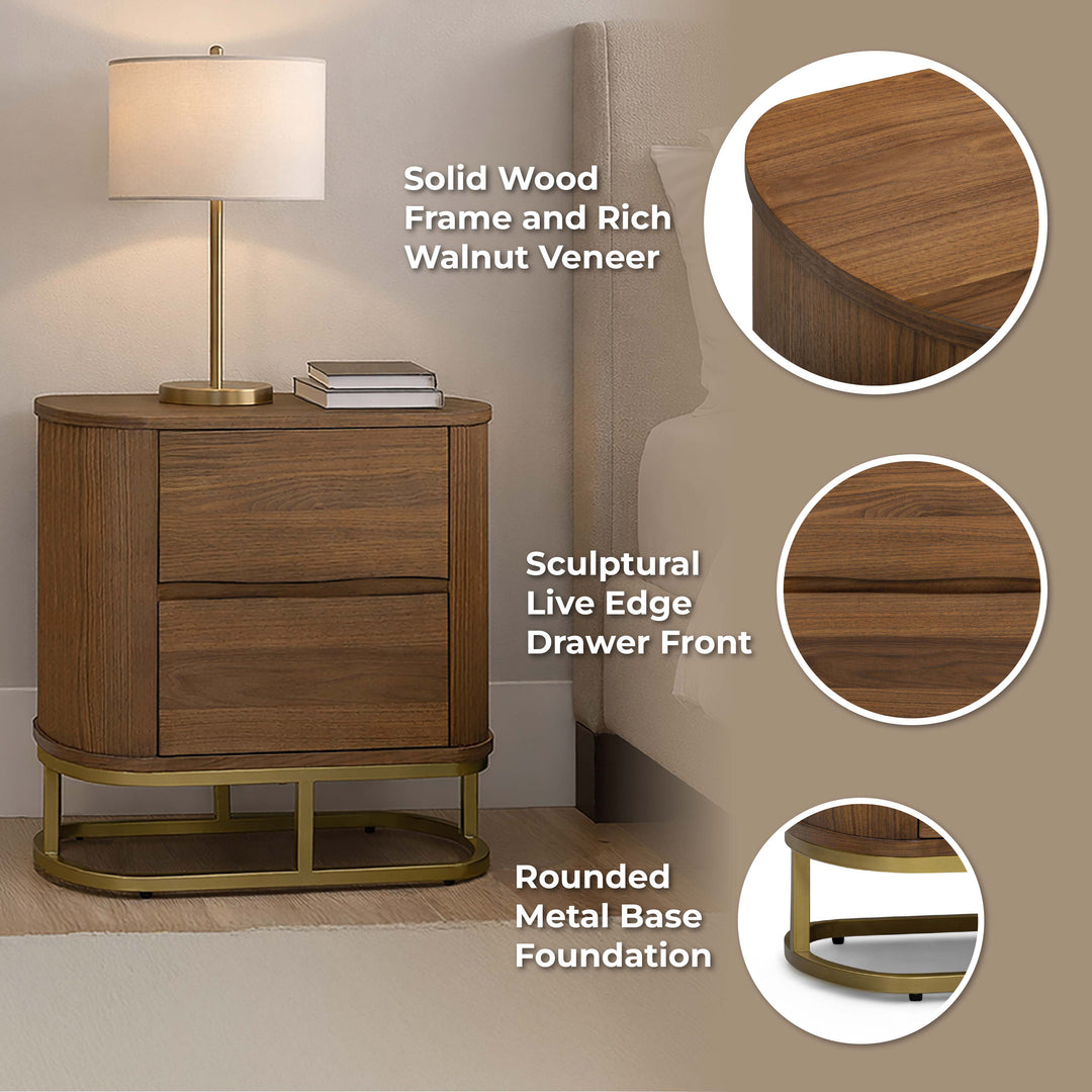 Seneca 23.5” W Walnut Veneer 2-Drawer Nightstand Bedside Storage with Metal Base by Teamson Home