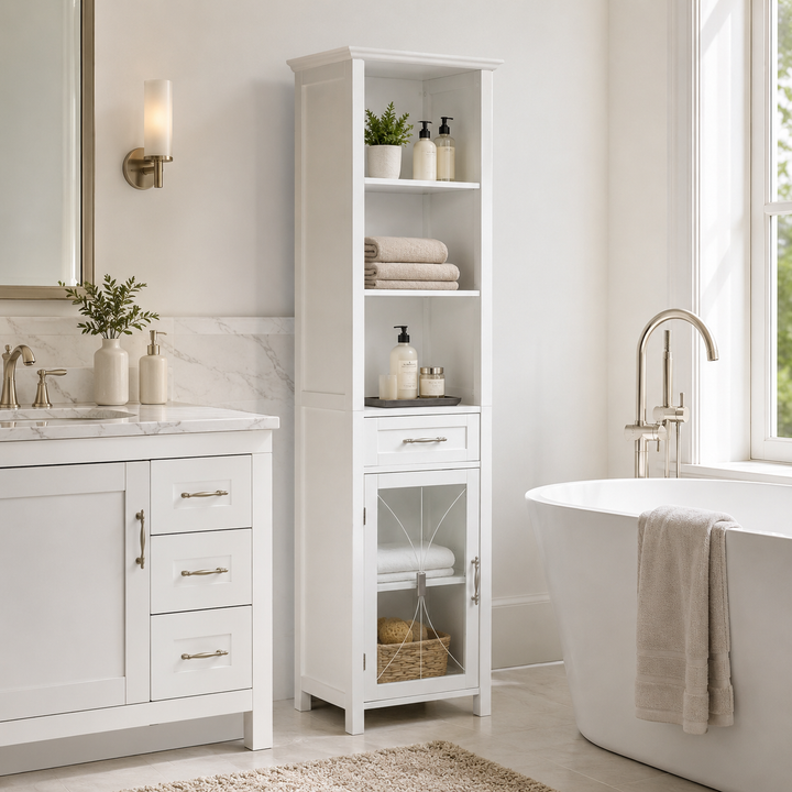 Teamson Home Delaney Multifunctional Freestanding Linen Tower with Single Drawer, White