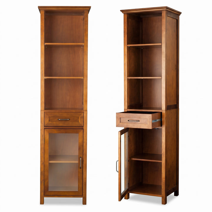 Teamson Home Avery 65-Inch Tall Freestanding Linen Tower with Open Shelves, Storage Drawer, Tempered Glass Door, Adjustable Shelf, Crown-Molded Top, Antique Brass Handles and Oiled Oak Veneer Finish