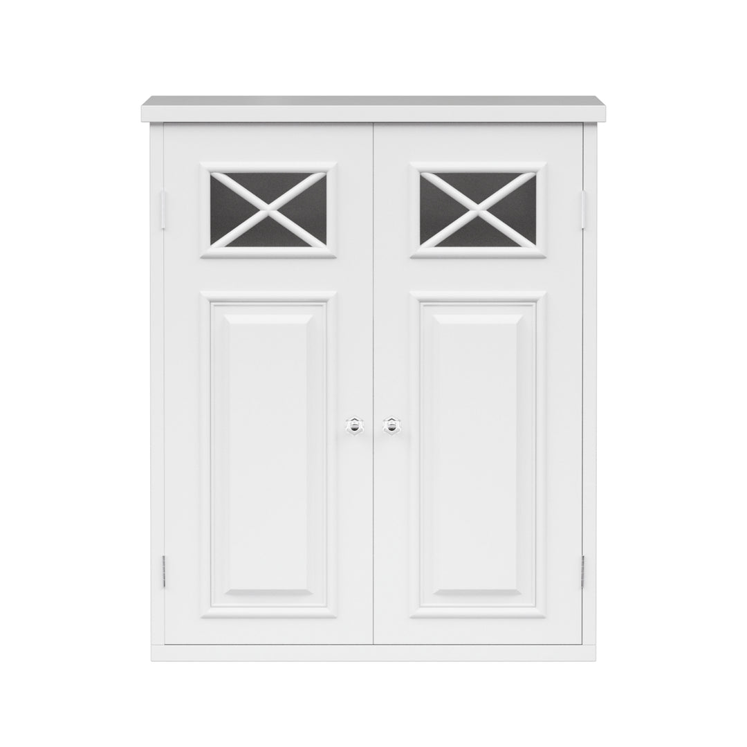 White storage cabinet with two paneled doors and small glass windows at the top.