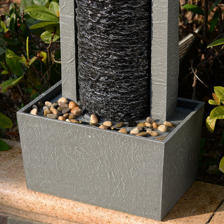 Teamson Home Framed Layered Rock Design Outdoor Water Fountain–Warm Glow Lighting with Steady Flow & Electric Pump, Dark Gray