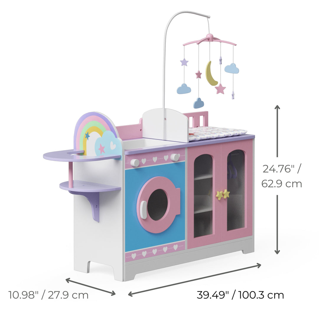 A dimensional graphic of a baby doll changing station in inches and centimeters