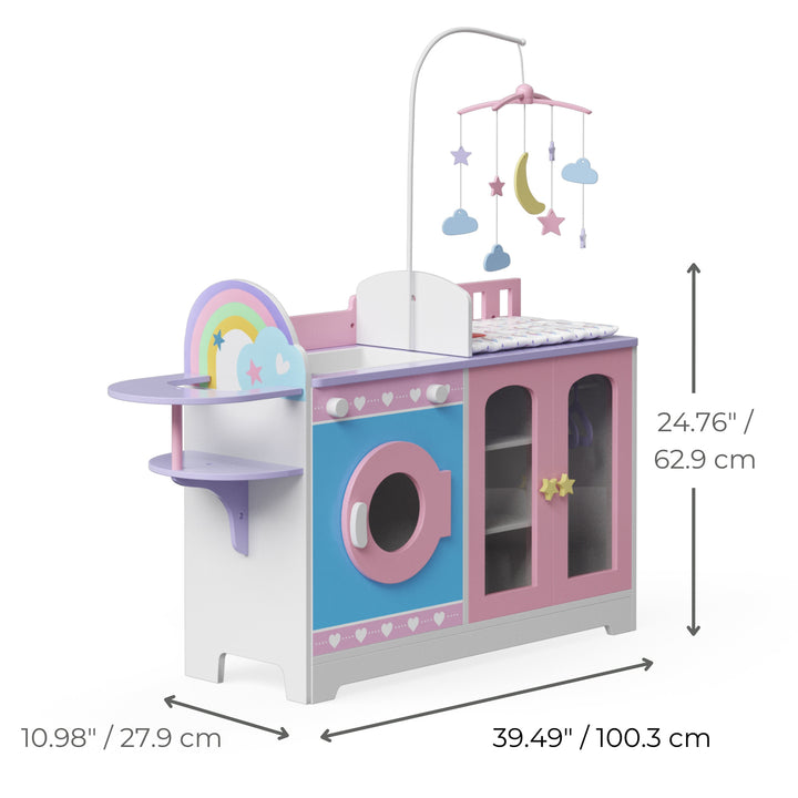 A dimensional graphic of a baby doll changing station in inches and centimeters