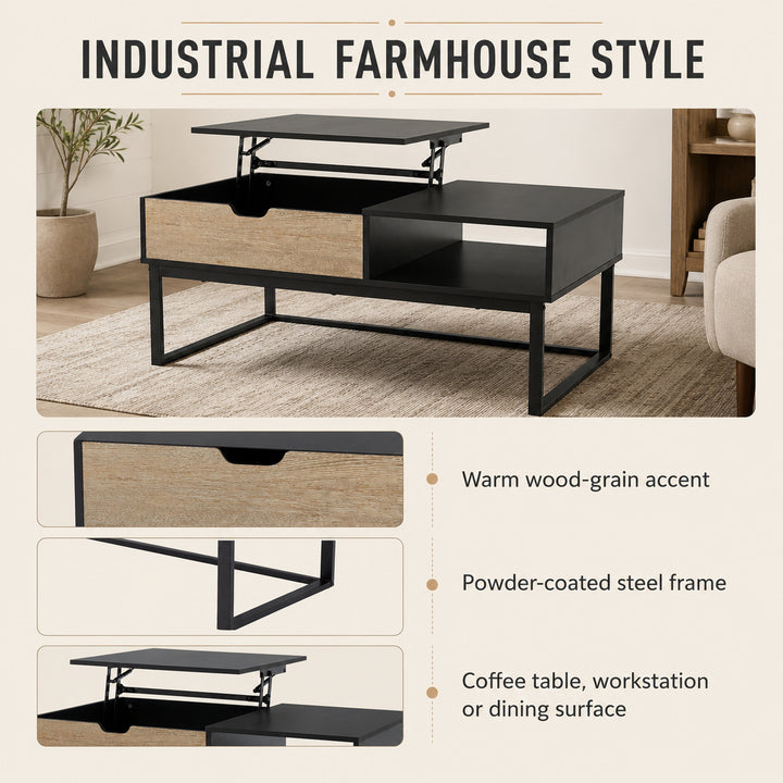 Teamson Lift Top Coffee Table with Hidden Storage Compartment, Wood Grain Finish, Sturdy Metal Frame, Farmhouse Cocktail Table for Living Room, Home Office & Small Spaces
