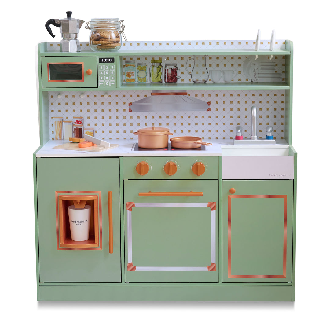 Wooden Play Kitchen with 15 Accessories, Green - Little Chef St. Louis by Teamson Kids